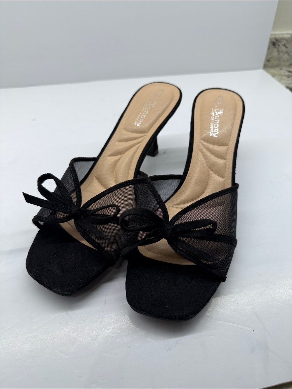 Chinese Laundry Black Mesh Bow Slide Heels